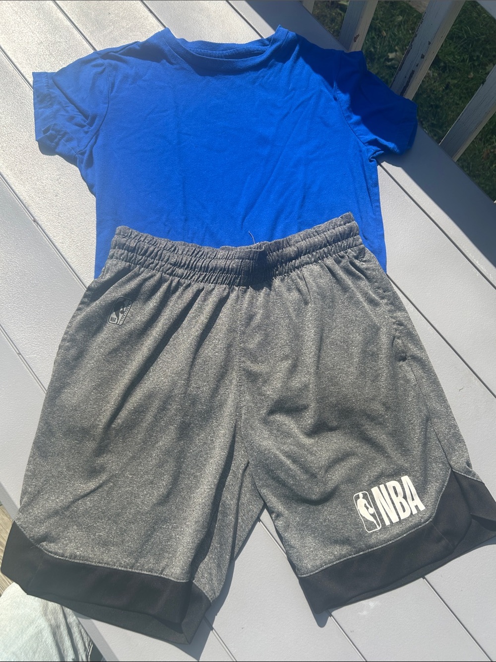 NBA boys Gray Athletic Shorts with Black Trim & blue tshirt